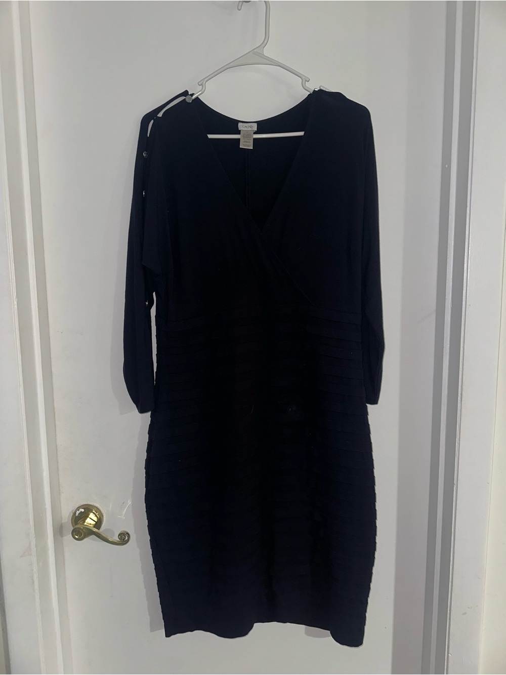 Cache Black Long-Sleeve V-Neck Midi Dress